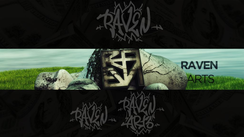 The image displays a collage featuring graffiti-style “RAVEN ARTS” logos, a 3D-rendered stone block with geometric carvings on grass, and faint dollar bill patterns in the background