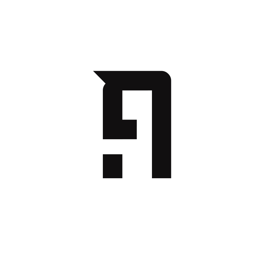 A black geometric logo design featuring angular lines and a small square, displayed on a white background under the heading “Logo Designs