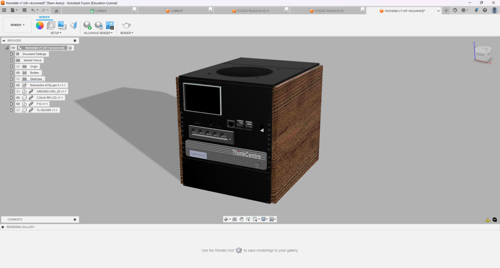 A 3D rendering of the homelab enclosure showing stacked ThinkCentre systems, storage and labelled front sections