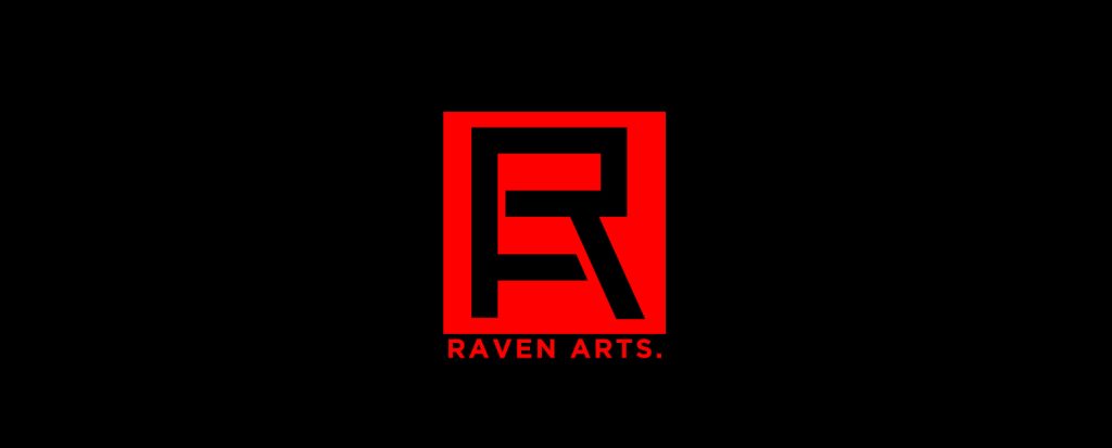A red square logo with a stylized black “R” inside, labeled “RAVEN ARTS.” below, set against a black background