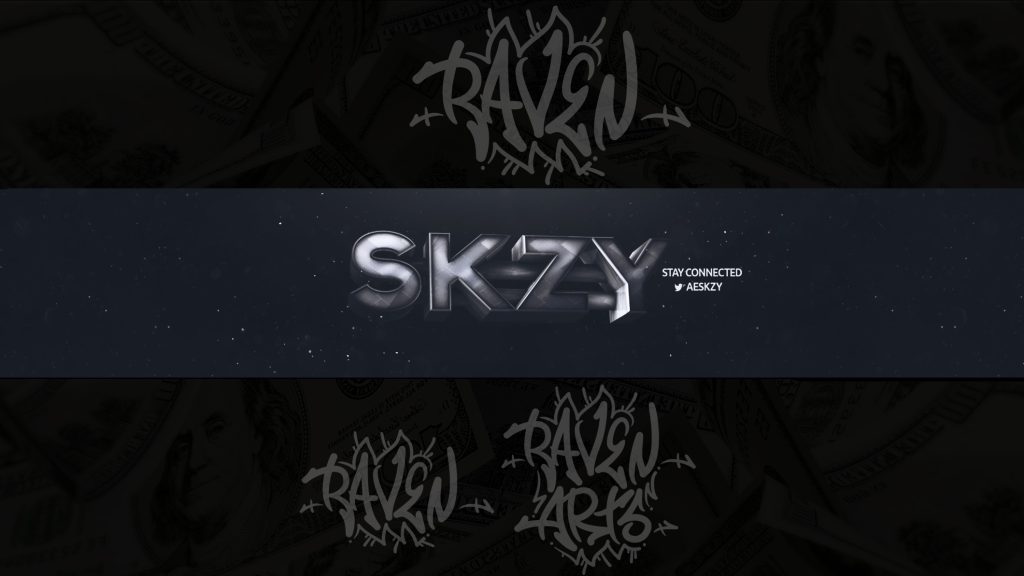 A banner design featuring metallic “SKZY” text, graffiti-style “RAVEN ARTS” logos, and a dark background with faint money imagery