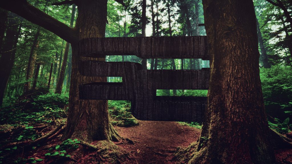 A 3D-rendered wooden bench shaped like the letter ‘E’ sits between two large trees in a misty forest, with a dirt path leading through it