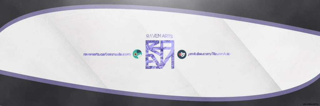 A white banner design with purple borders, featuring Raven Arts logos and social media links for Carbonmade and YouTube