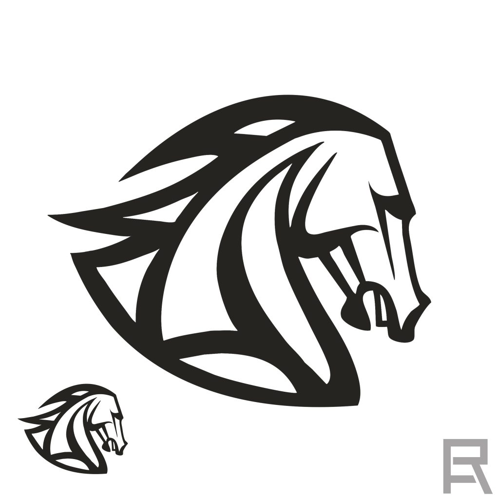 The image displays two black-and-white stylized horse head logos, one large and one small, alongside a gray letter “R” in the corner