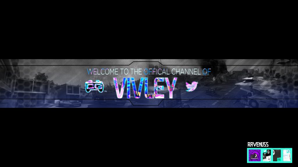 A banner design featuring neon-styled text reading “VIMLEY” over a grayscale urban scene, with social media icons and a logo in the corner