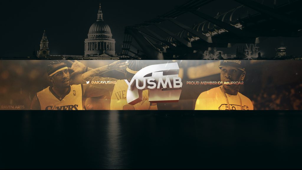 Banner design featuring basketball players in yellow jerseys, a domed building silhouette, and stylized “YUSMB” logo against a dark cityscape backdrop