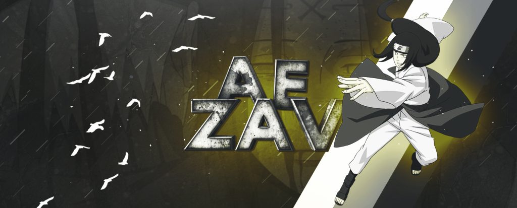 Banner design for “My Early Graphic Design Journey” shows stylized text “AEZAV,” a ninja character in motion, and white birds against a dark, rainy background
