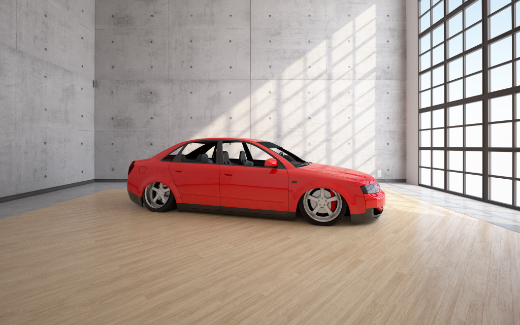 A red sedan with lowered suspension and custom wheels sits in a minimalist concrete room with large windows, showcasing automotive design