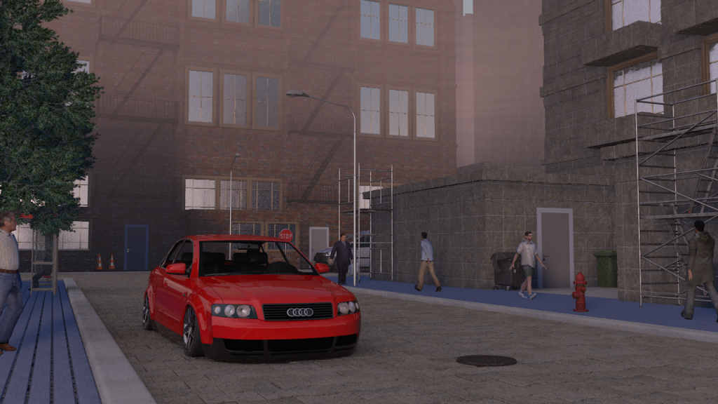 This automotive render shows a red Audi parked on a city street, surrounded by brick buildings and pedestrians walking along sidewalks