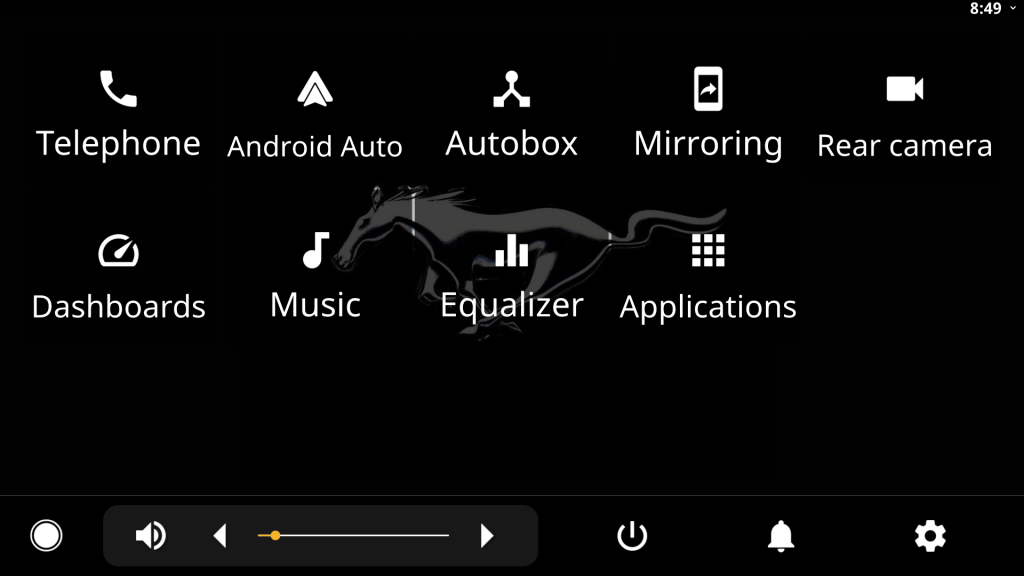 The screen shows a car stereo interface with icons for Telephone, Android Auto, Autobox, Mirroring, Rear camera, Dashboards, Music, Equalizer, Applications, and a Mustang logo overlay