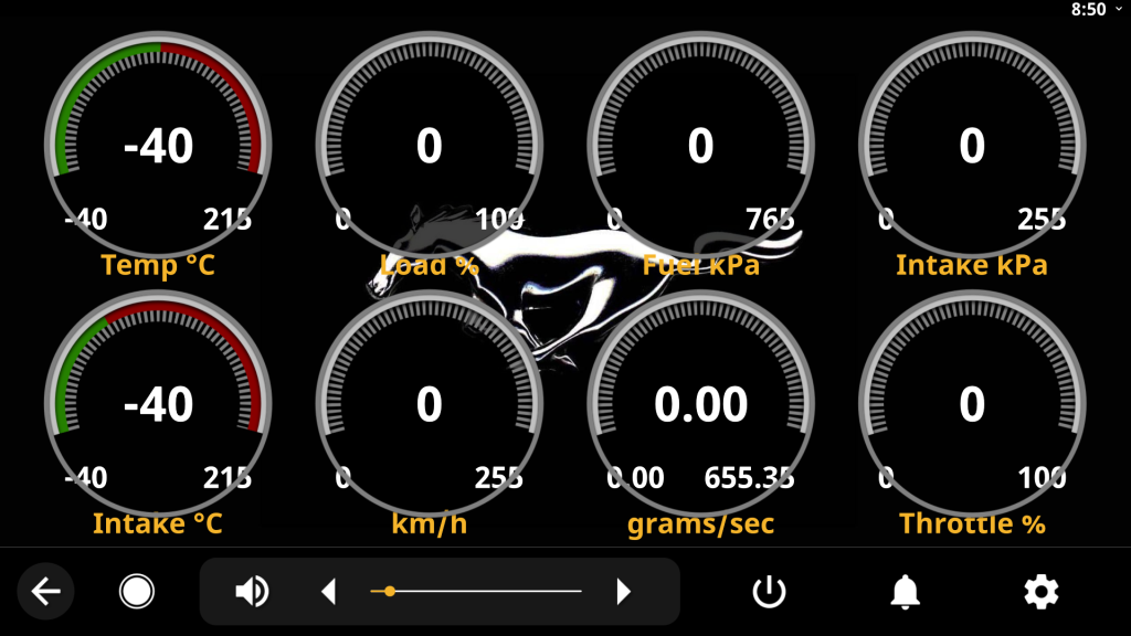 This car stereo screen displays performance telemetry logging with gauges for temperature, load, fuel pressure, intake pressure, speed, grams per second, and throttle percentage