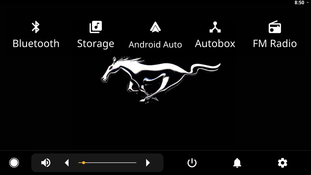 The screen displays a Mustang logo and icons for Bluetooth, Storage, Android Auto, Autobox, and FM Radio, with performance telemetry logging options visible below