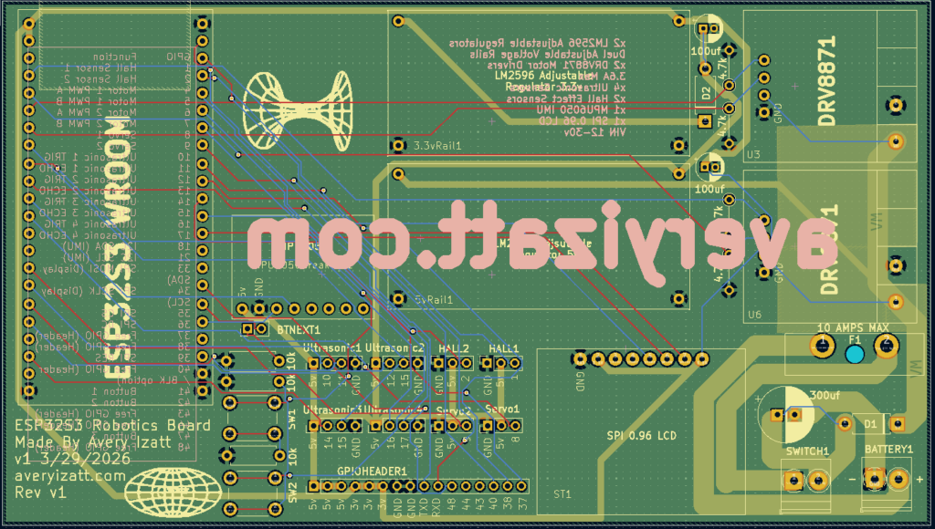 A green 4-layer custom PCB featuring an ESP32-S3 chip, multiple connectors, LEDs, and labeled components for robotics control
