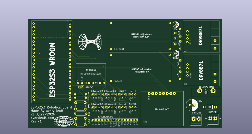 The ESP32S3 Robotics Board features a continuous ground plane, large copper pours, and stitching vias for low-impedance return paths