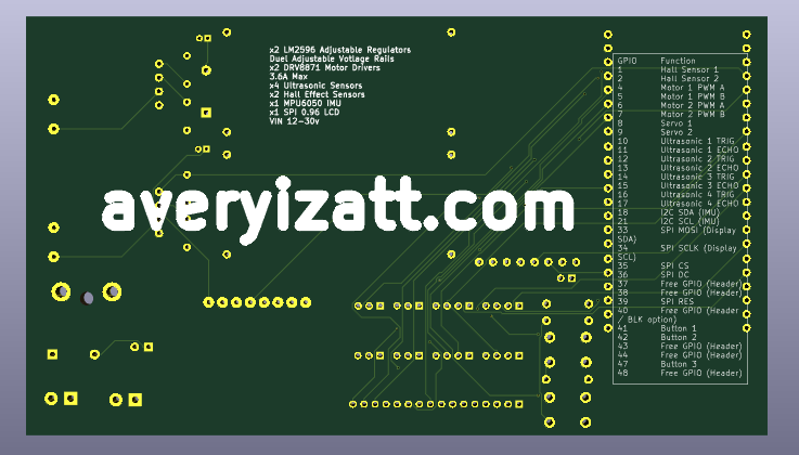 This PCB front view shows a green board with yellow pads, labeled components like regulators and sensors, plus GPIO pins listed on the right edge