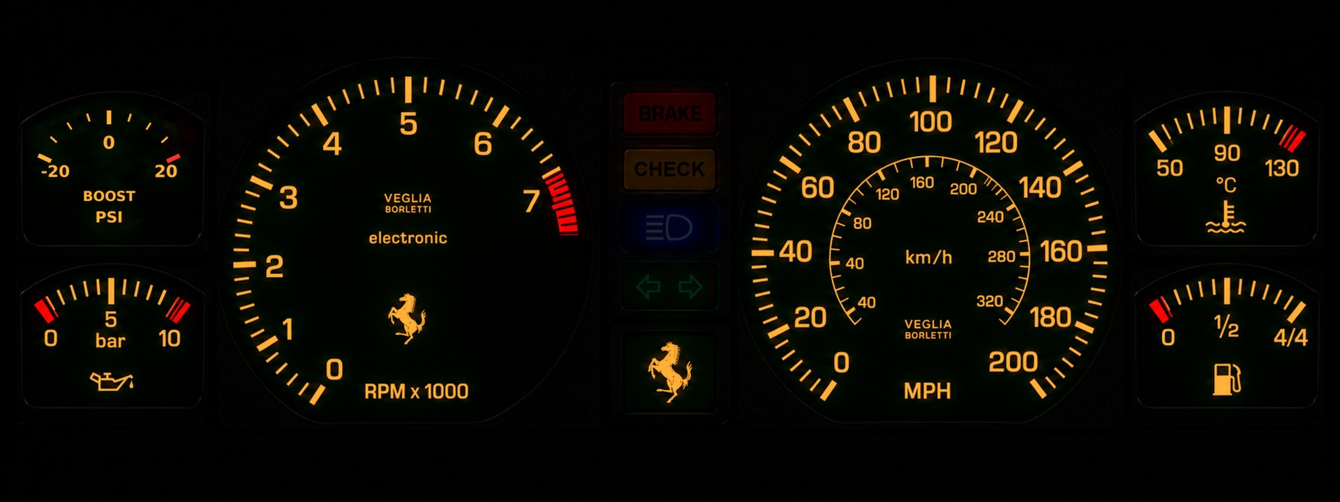 The old-school Ferrari photo cluster in amber night lighting, with a boost gauge, tachometer, speedometer, and warning lamps